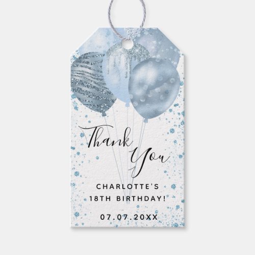 Birthday blue white glitter balloons thank you  gift tags