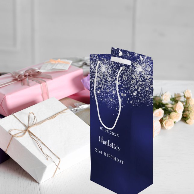 Birthday blue white glitter dust monogram wine gift bag (Creator Uploaded)