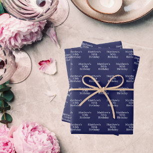 Birthday blue white name script minimalist wrapping paper sheets