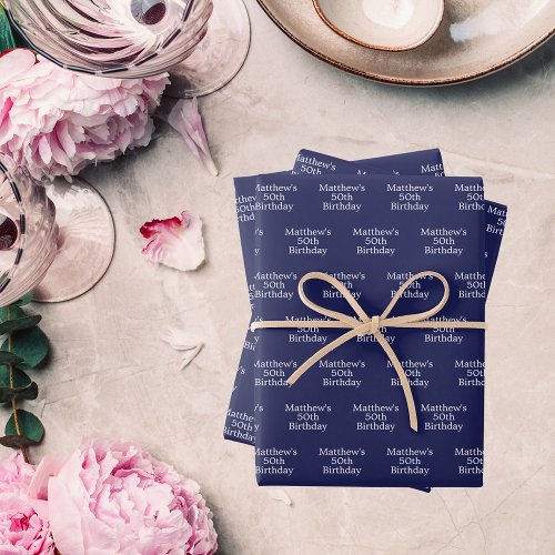 Birthday blue white name script minimalist wrapping paper sheets