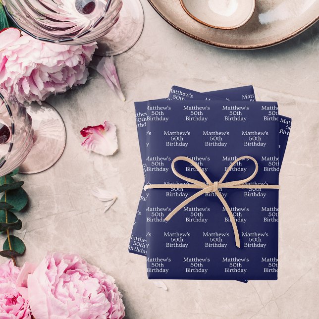 Birthday blue white name script minimalist wrapping paper sheets (Creator Uploaded)