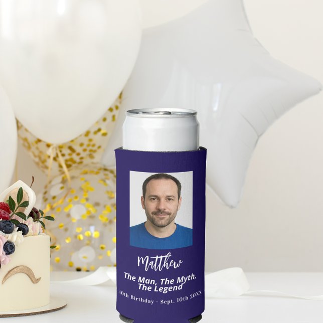 Birthday blue white photo man myth legend seltzer can cooler (Creator Uploaded)
