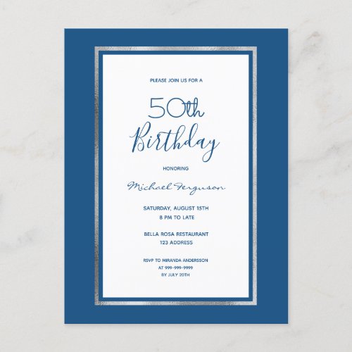 Birthday blue white silver elegant invitation postcard