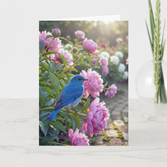Birthday Bluebird On a Pink Peony Card (Front)