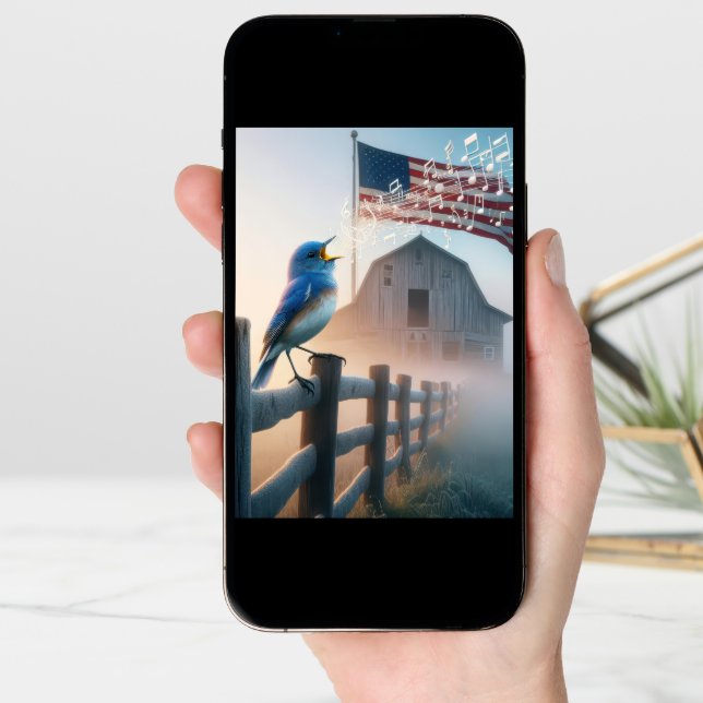 Birthday Bluebird Singing With American Flag Card (Front Digital)