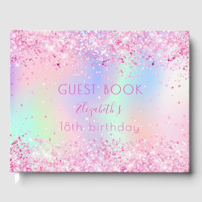 Birthday blush blush pink glitter holographic guest book (Front)