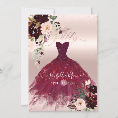 Birthday Blush Burgundy Watercolor Flowers Invitation