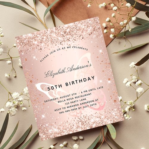 Birthday blush glitter butterfly budget invitation flyer