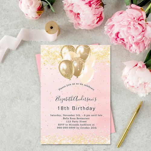 Birthday blush gold glitter balloons invitation