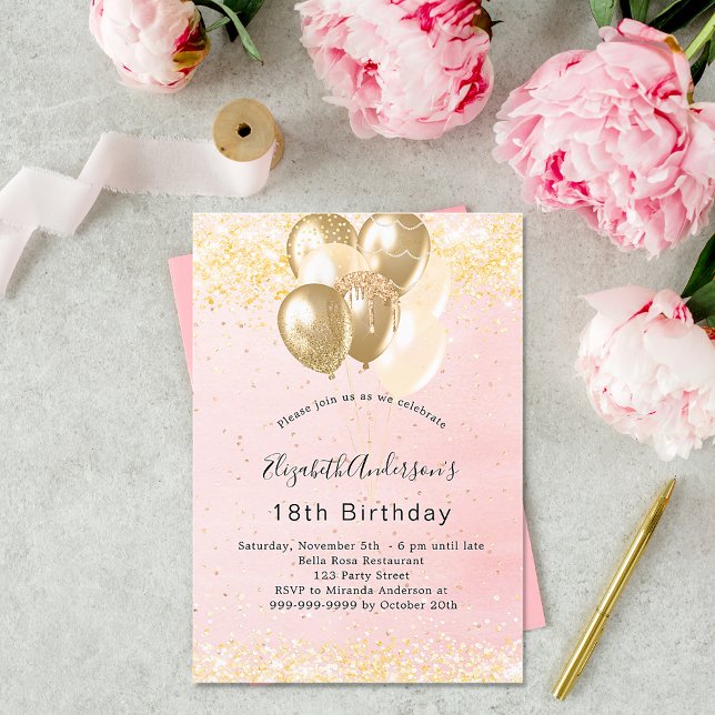 Birthday blush gold glitter balloons invitation (Creator Uploaded)