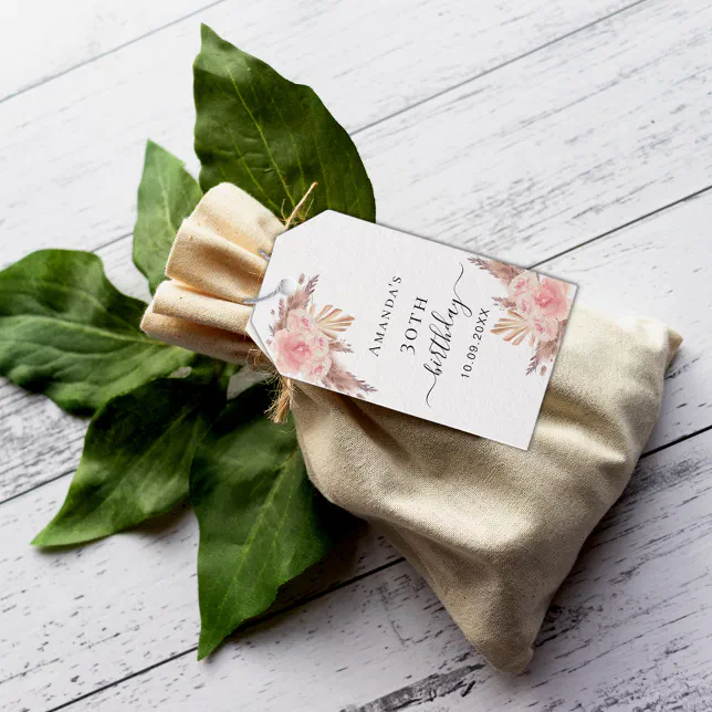 Birthday blush pampas grass rose boho thank you gift tags | Zazzle