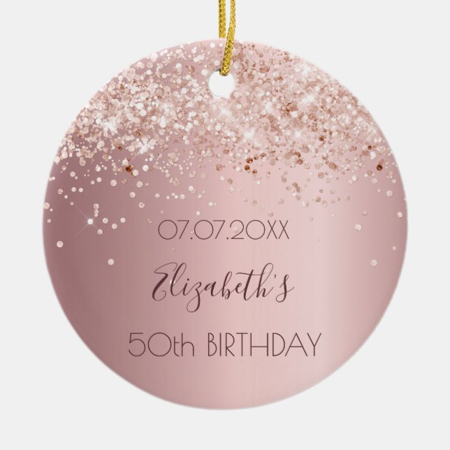 Birthday blush pink confetti name ceramic ornament (Front)