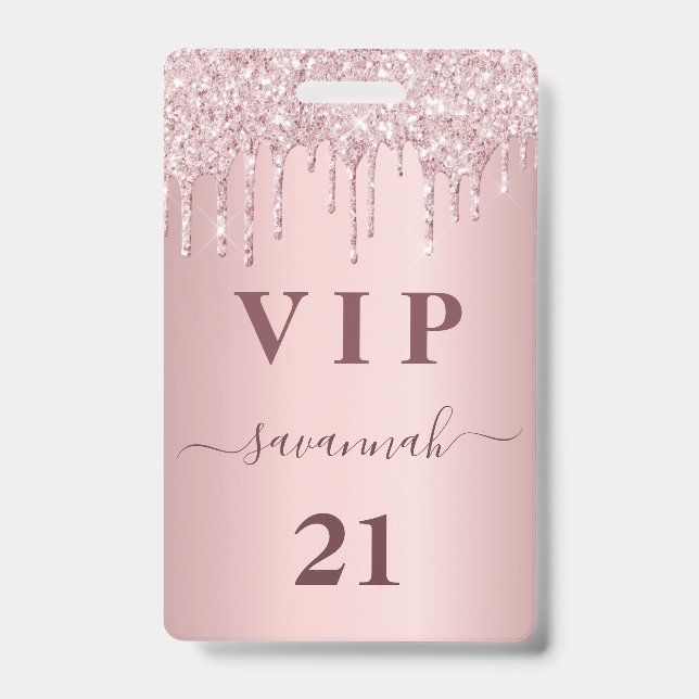 Birthday blush pink drips name vip pass badge (Front)