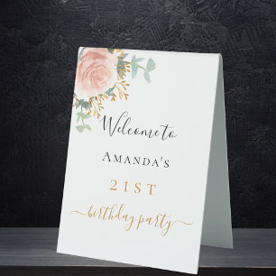 Birthday blush pink floral eucalyptus welcome table tent