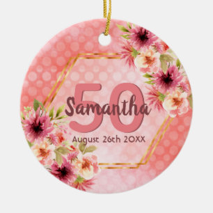 Birthday blush pink florals geometric name ceramic ornament