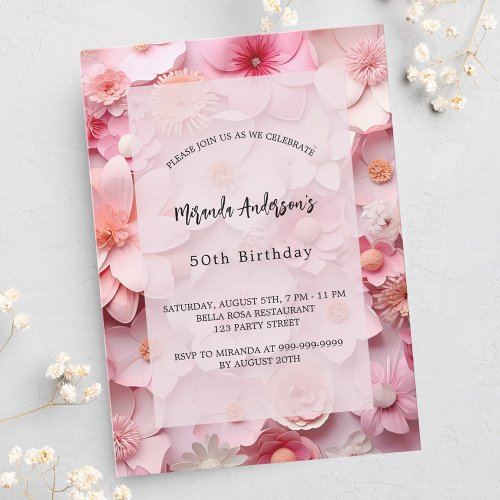 Birthday blush pink flowers invitation postcard