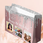 Birthday blush pink glitter custom photo silver large gift bag<br><div class="desc">For a girly and glamorous 21st (or any age) birthday.  A blush pink  background with faux silver glitter drips,  paint dripping look. Personalize and add 3 photos and age 21. White text.</div>