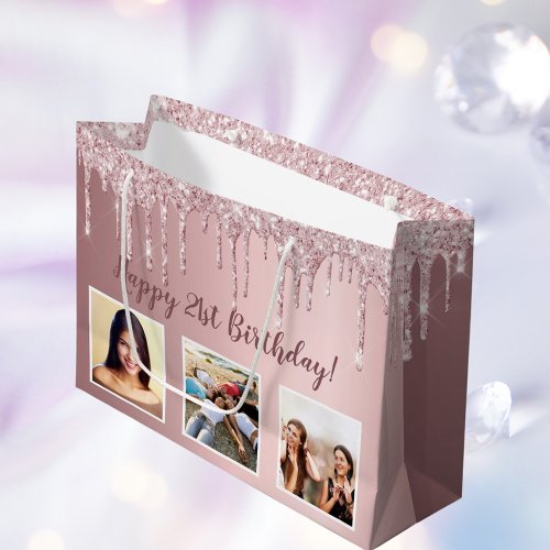 Birthday blush pink glitter drips custom photo large gift bag