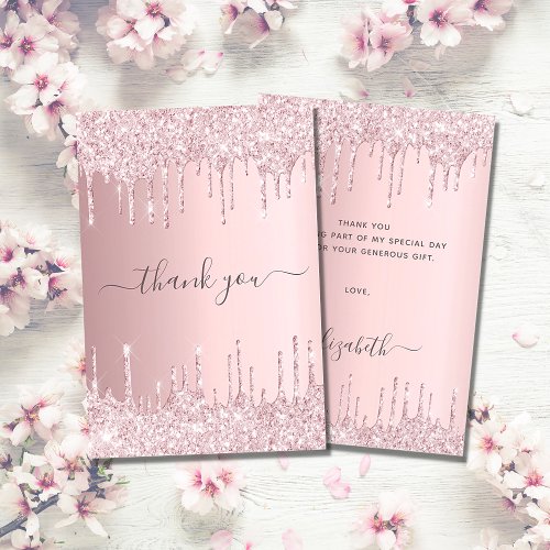Birthday blush pink glitter drips elegant script thank you card