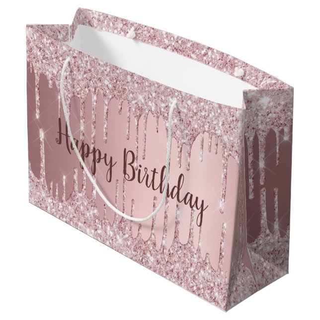 Birthday blush pink glitter drips glamorous large gift bag (Back Angled)