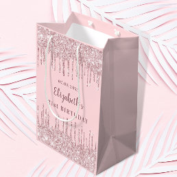 Birthday blush pink glitter drips monogram luxury medium gift bag