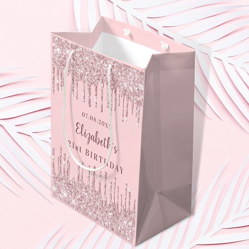 Birthday blush pink glitter drips monogram luxury medium gift bag