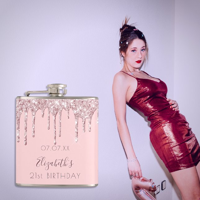 Birthday blush pink glitter drips monogram name flask (Creator Uploaded)