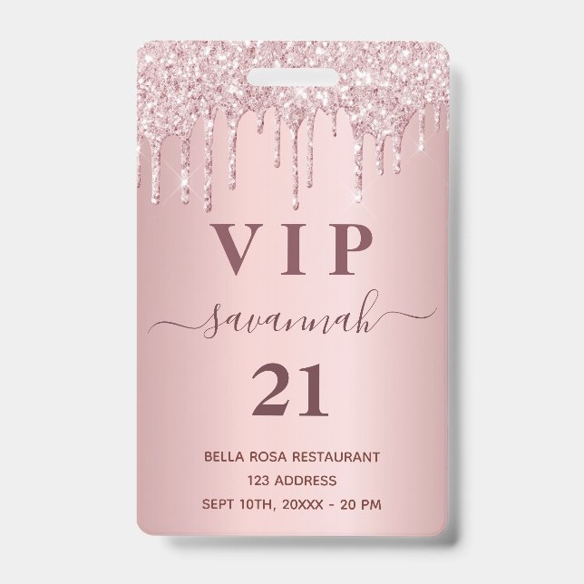 Birthday blush pink glitter drips name vip  badge (Front)