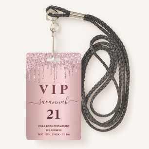 Birthday blush pink glitter drips name vip  badge