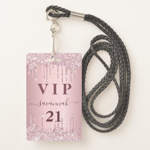 Birthday blush pink glitter drips vip invitation badge