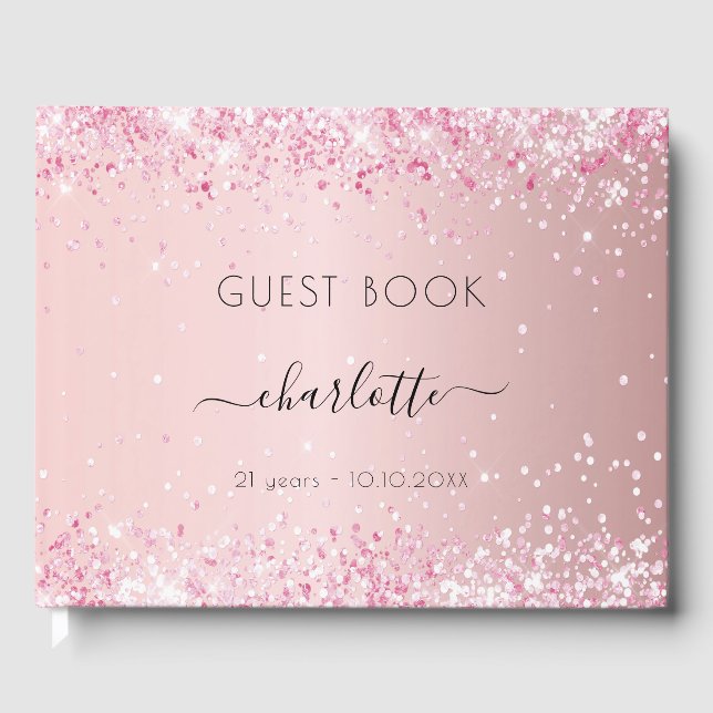 Birthday blush pink glitter dust monogram guest book (Front)