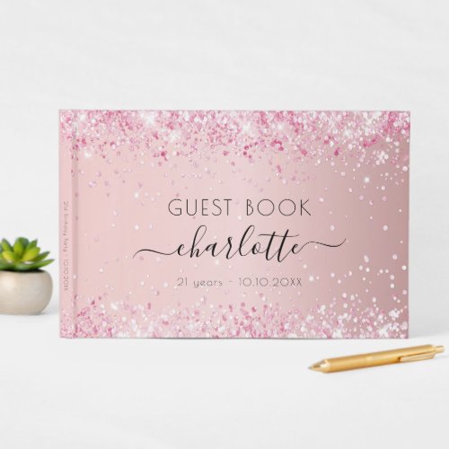 Birthday blush pink glitter dust monogram guest book