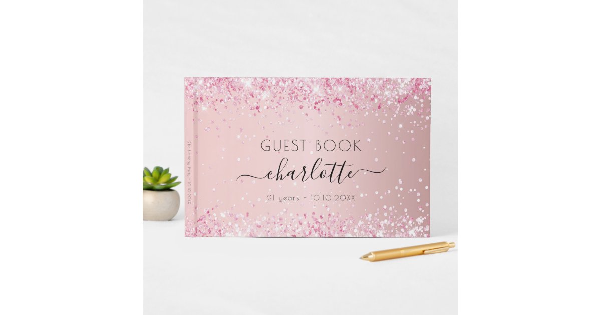 Birthday blush pink glitter dust monogram guest book | Zazzle
