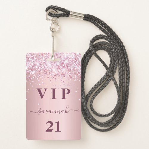 Birthday blush pink glitter dust name vip badge