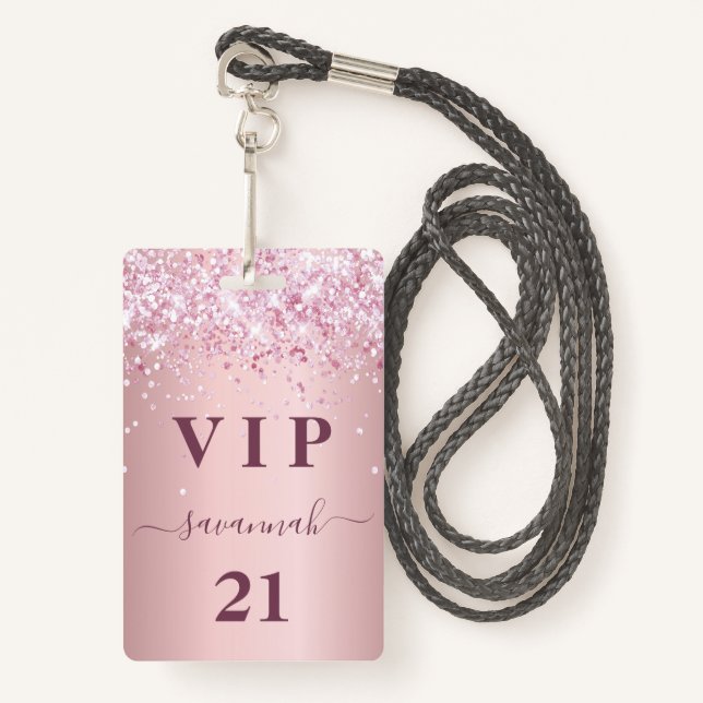 Birthday blush pink glitter dust name vip badge (Front with Lanyard)