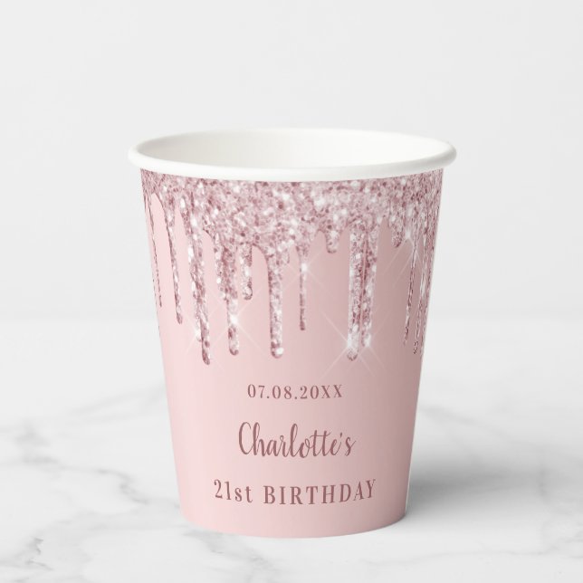 Birthday blush pink glitter monogram paper cups (Back)