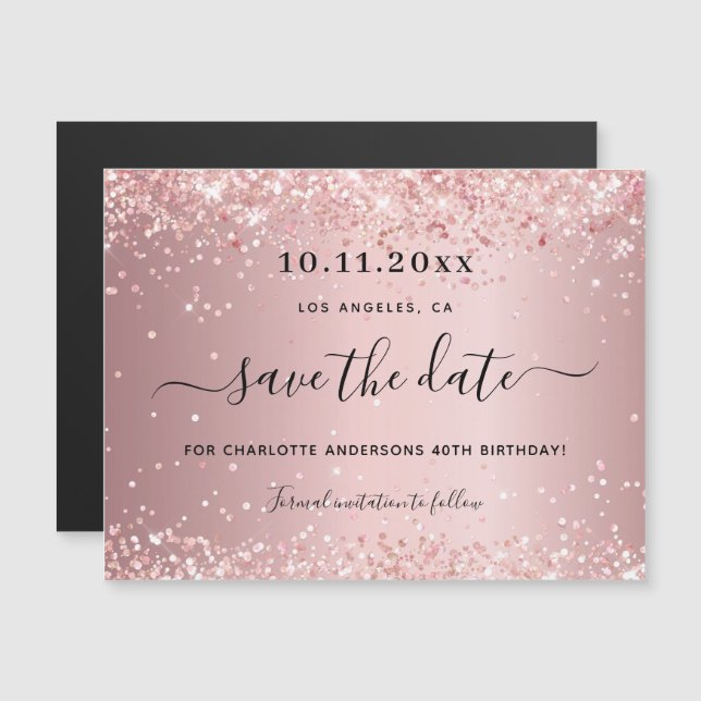 Birthday blush pink glitter save the date magnet (Front/Back)