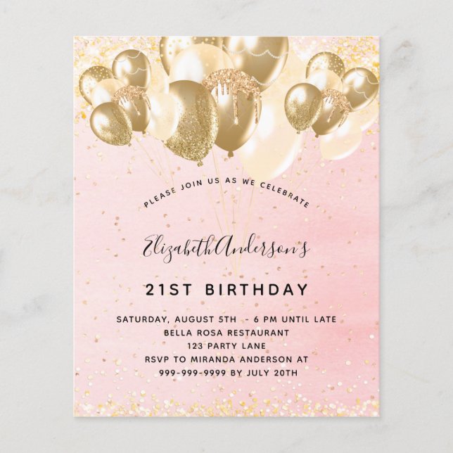 Birthday blush pink gold glitter balloons budget flyer (Front)