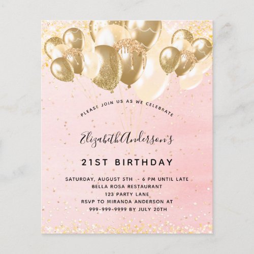 Birthday blush pink gold glitter balloons budget flyer