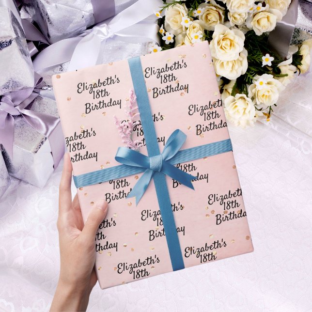 Birthday blush pink gold name script wrapping paper (Creator Uploaded)