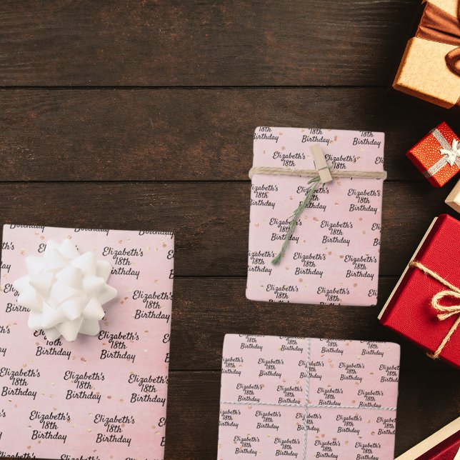 Birthday blush pink gold name script wrapping paper sheets (Creator Uploaded)