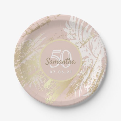 Birthday blush pink gold palm tree leaves paper plates