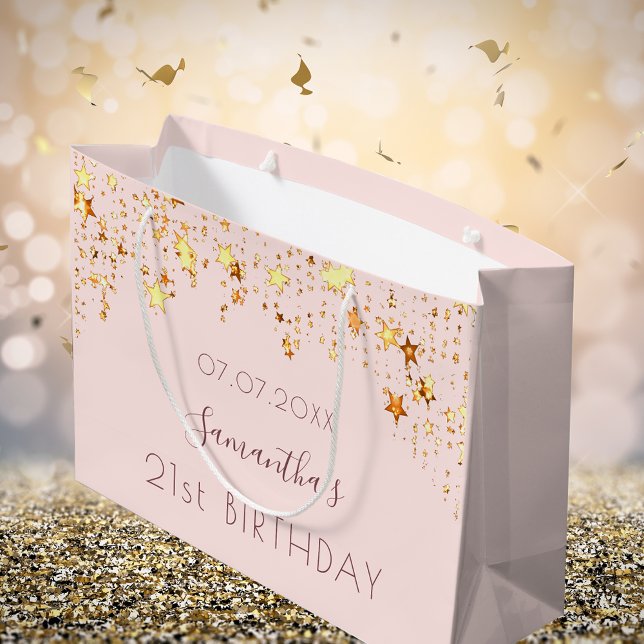 Birthday blush pink gold stars monogram large gift bag (Back)