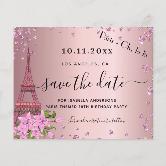 Birthday blush pink paris budget save the date flyer (Front)