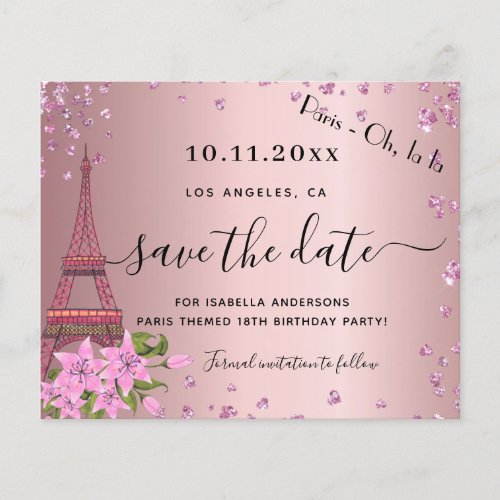 Birthday blush pink paris budget save the date flyer