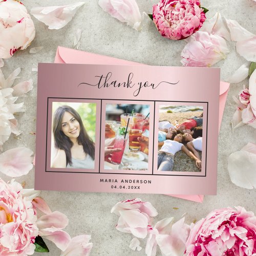 Birthday blush pink photo script modern thank you card