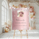 Birthday blush pink photo silver glitter welcome foam board<br><div class="desc">A welcome board for a girly and glamorous 21st (or any age) birthday party.  A blush pink faux metallic looking background decorated with faux silver glitter dust.   Personalize and add a photo,  name and age 21.  Gray letters. 
Back: no design</div>