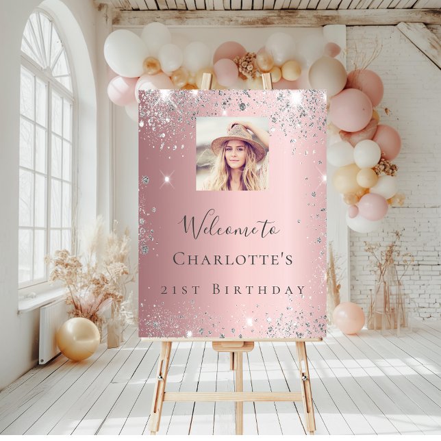 Birthday blush pink photo silver glitter welcome foam board (Creator Uploaded)