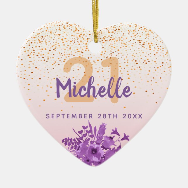 Birthday blush pink purple florals monogram ceramic ornament (Front)