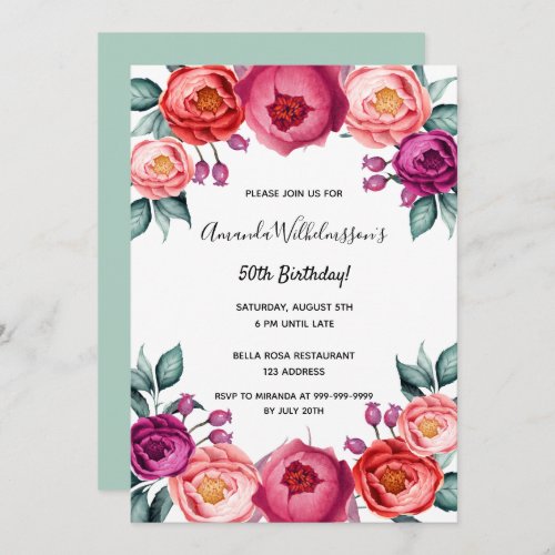 Birthday blush pink purple rose gold floral invitation